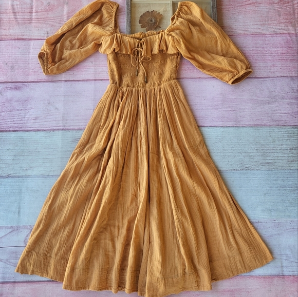 Free People Orange Oasis Smocked Ruffle Cotton Boho A-line Midi Dress XS - Picture 4 of 10